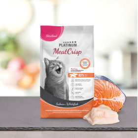 PLATINUM MeatCrisp Sterilised Salmon + Whitefish– sucha karma dla kota z łososiem i błękitkiem