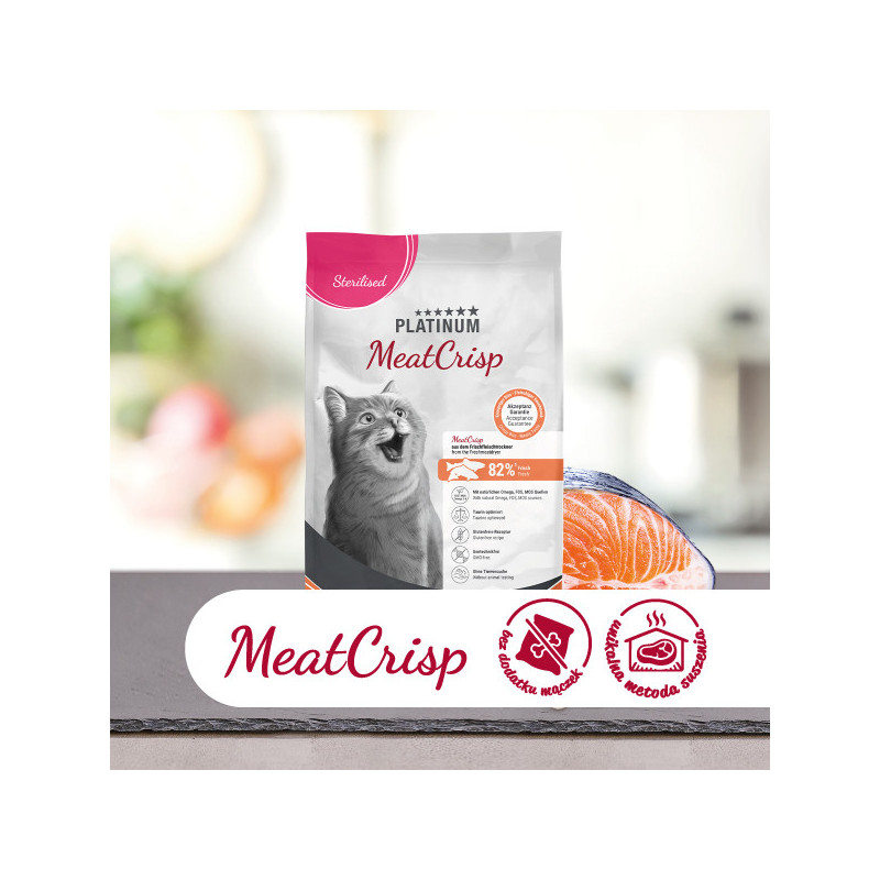 PLATINUM MeatCrisp Sterilised Salmon + Whitefish– sucha karma dla kota z łososiem i błękitkiem